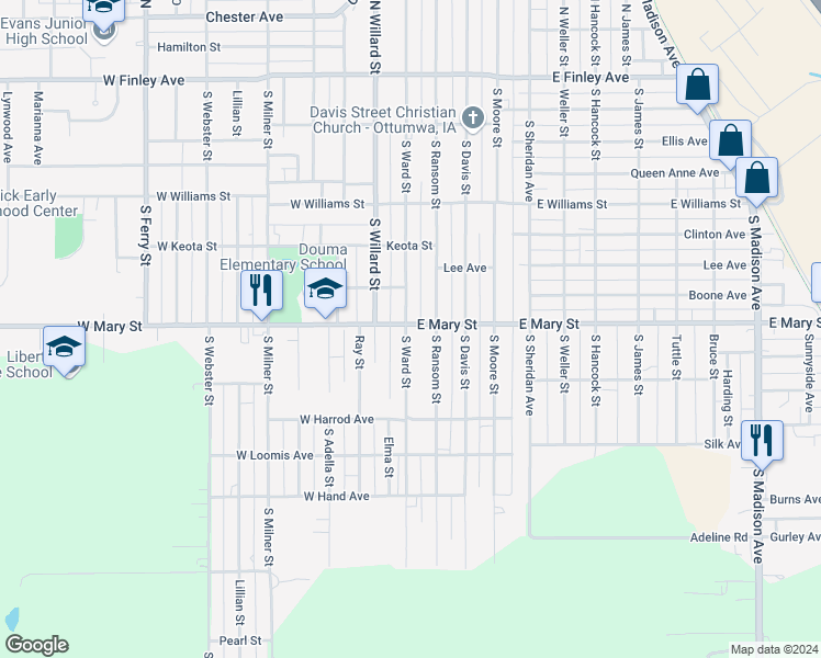map of restaurants, bars, coffee shops, grocery stores, and more near 504 South Ward Street in Ottumwa