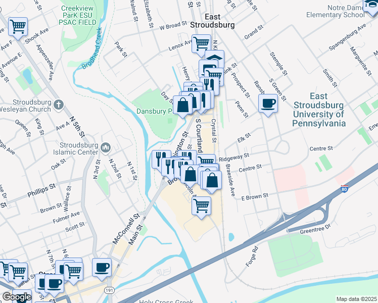 map of restaurants, bars, coffee shops, grocery stores, and more near 50 Hallet Street in East Stroudsburg