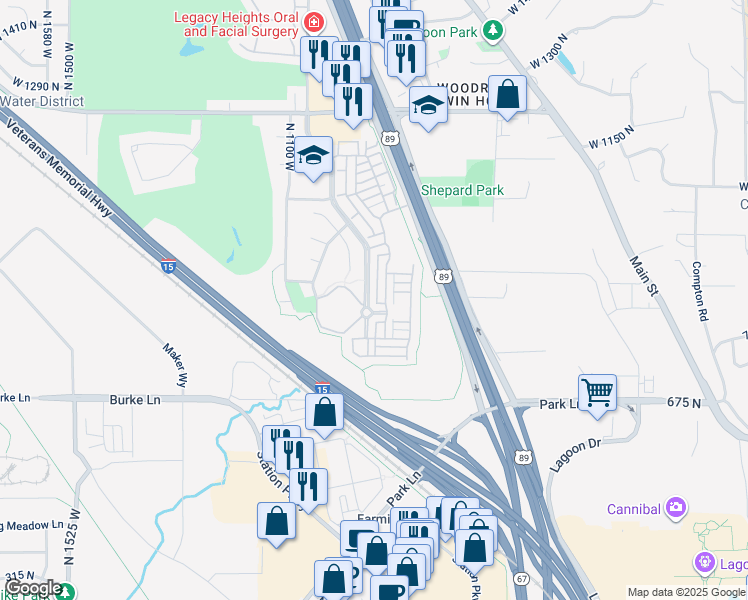 map of restaurants, bars, coffee shops, grocery stores, and more near 868 North Shepard Creek Parkway in Farmington