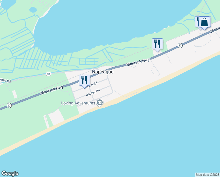 map of restaurants, bars, coffee shops, grocery stores, and more near 92 Osprey Road in Montauk