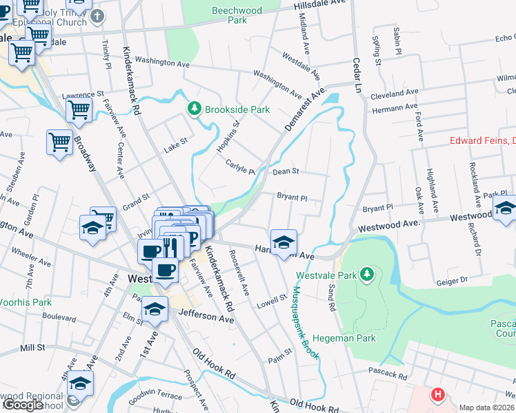 map of restaurants, bars, coffee shops, grocery stores, and more near 33 Terrace Drive in Westwood