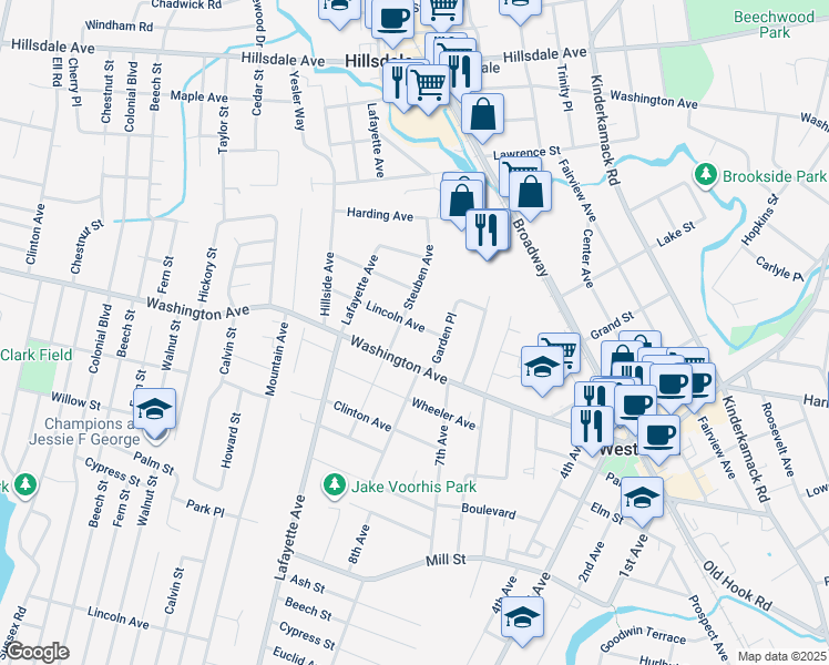 map of restaurants, bars, coffee shops, grocery stores, and more near 20 Lincoln Avenue in Westwood