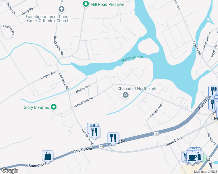 map of restaurants, bars, coffee shops, grocery stores, and more near 4550 Westphalia Avenue in Mattituck