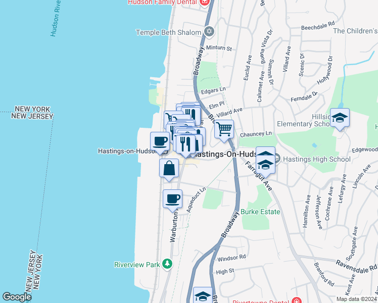 map of restaurants, bars, coffee shops, grocery stores, and more near in Hastings-on-Hudson