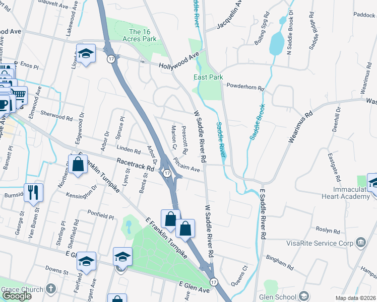 map of restaurants, bars, coffee shops, grocery stores, and more near 652 West Saddle River Road in Ho-Ho-Kus