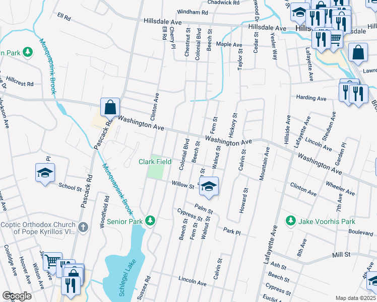 map of restaurants, bars, coffee shops, grocery stores, and more near 613 Colonial Boulevard in River Vale
