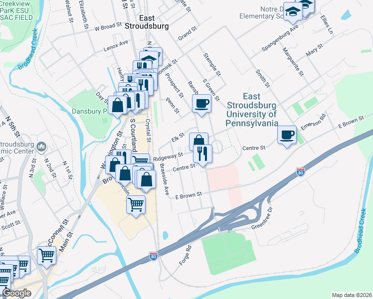 map of restaurants, bars, coffee shops, grocery stores, and more near 120 Ridgeway Street in East Stroudsburg