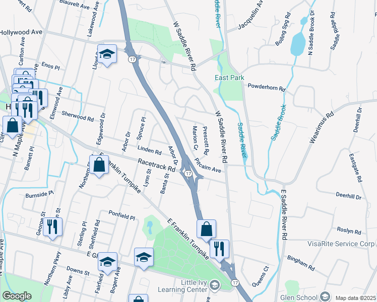 map of restaurants, bars, coffee shops, grocery stores, and more near 20 Pitcairn Avenue in Ho-Ho-Kus