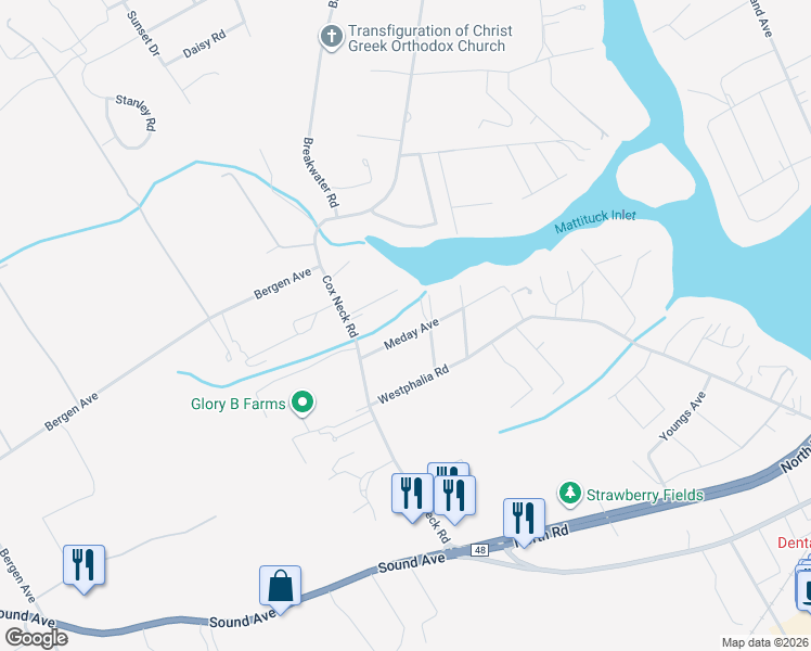 map of restaurants, bars, coffee shops, grocery stores, and more near 545 Meday Avenue in Mattituck