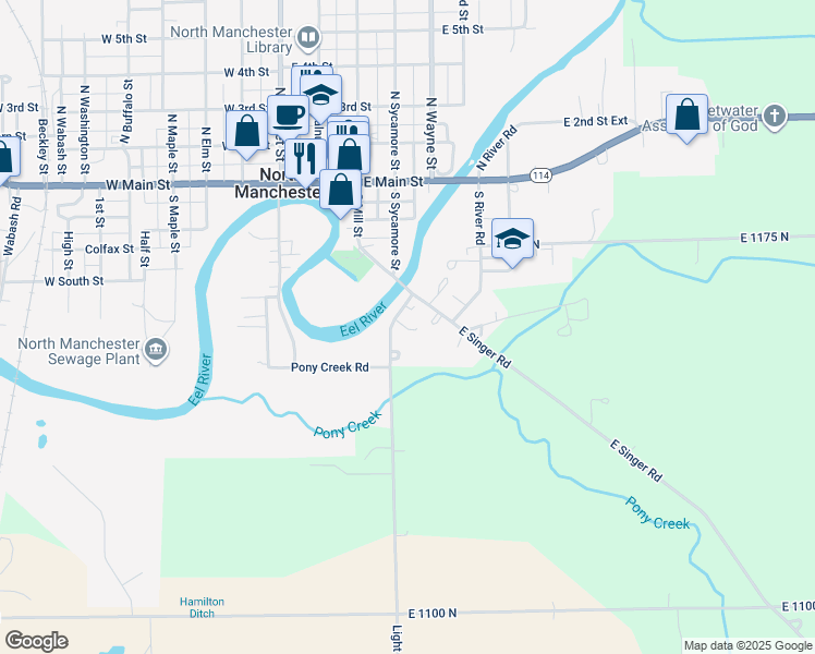 map of restaurants, bars, coffee shops, grocery stores, and more near River Road Exd in North Manchester