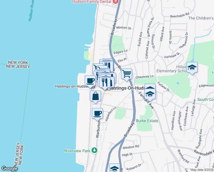 map of restaurants, bars, coffee shops, grocery stores, and more near 544 Warburton Avenue in Hastings-on-Hudson