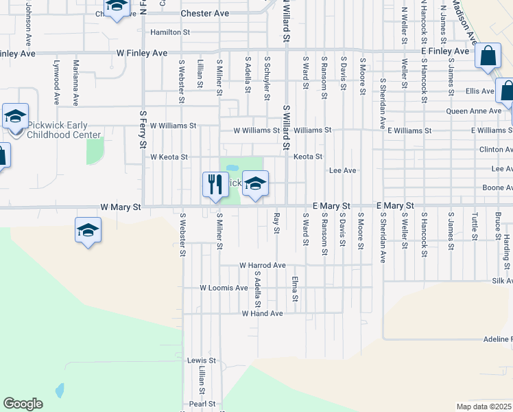 map of restaurants, bars, coffee shops, grocery stores, and more near 307 West Mary Street in Ottumwa