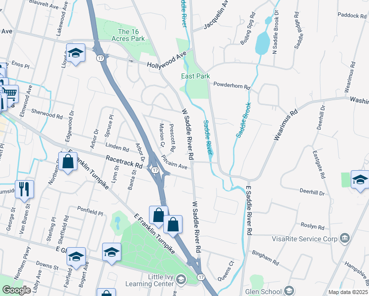 map of restaurants, bars, coffee shops, grocery stores, and more near 652 West Saddle River Road in Ho-Ho-Kus