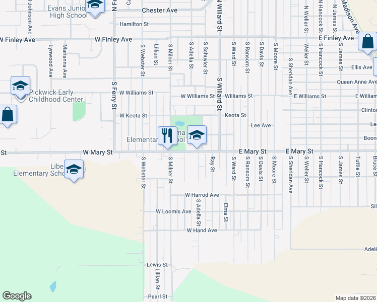 map of restaurants, bars, coffee shops, grocery stores, and more near 373 West Mary Street in Ottumwa