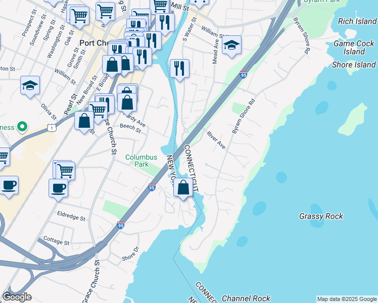 map of restaurants, bars, coffee shops, grocery stores, and more near 242 South Water Street in Greenwich