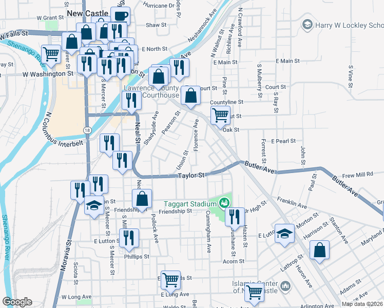 map of restaurants, bars, coffee shops, grocery stores, and more near 502 Florence Avenue in New Castle