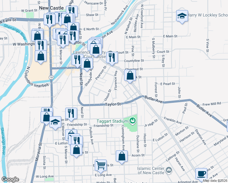 map of restaurants, bars, coffee shops, grocery stores, and more near 502 Florence Avenue in New Castle