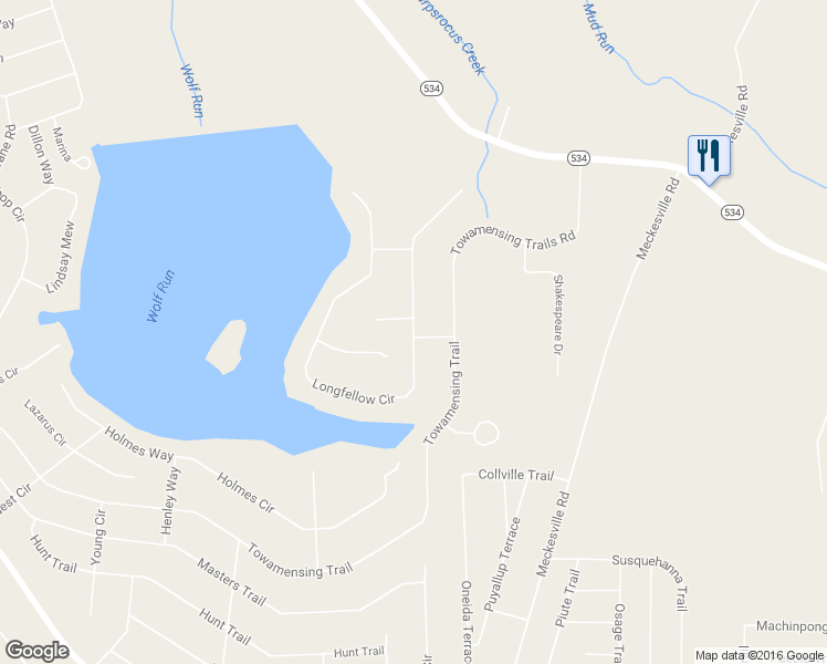 map of restaurants, bars, coffee shops, grocery stores, and more near 207 Longfellow Circle in Albrightsville