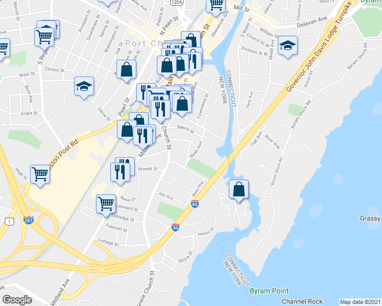 map of restaurants, bars, coffee shops, grocery stores, and more near 24 Nicola Place in Port Chester