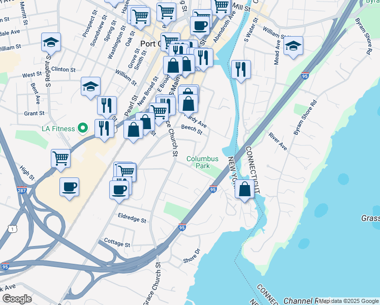 map of restaurants, bars, coffee shops, grocery stores, and more near 17 Nicola Place in Port Chester