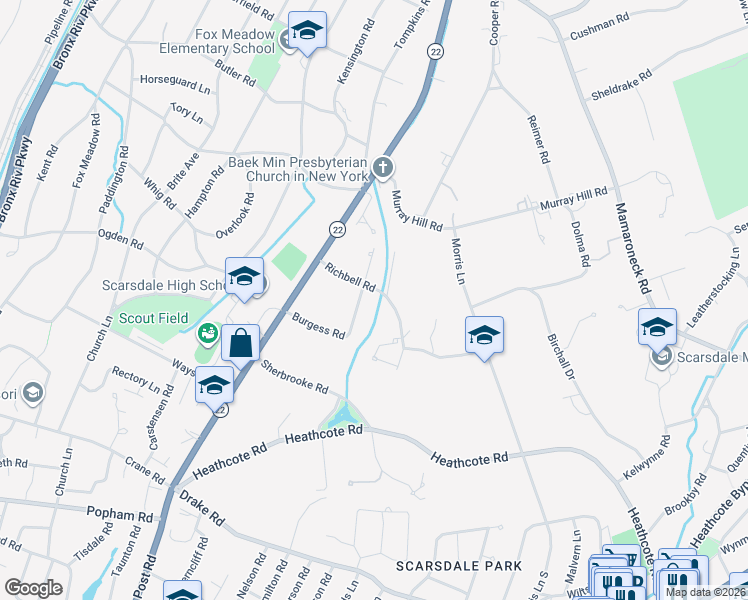 map of restaurants, bars, coffee shops, grocery stores, and more near 6 Richbell Road in Scarsdale