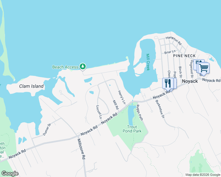 map of restaurants, bars, coffee shops, grocery stores, and more near 42 Mill Road in Sag Harbor