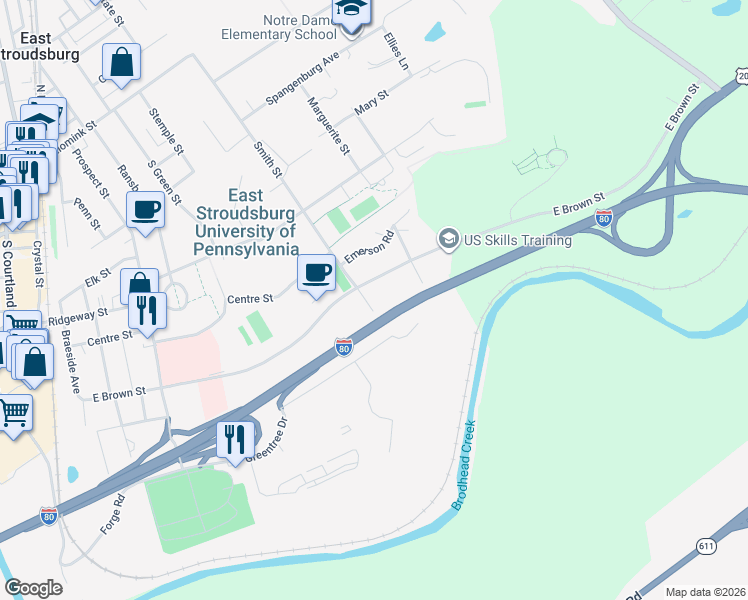 map of restaurants, bars, coffee shops, grocery stores, and more near 44 Pine Park in Stroudsburg