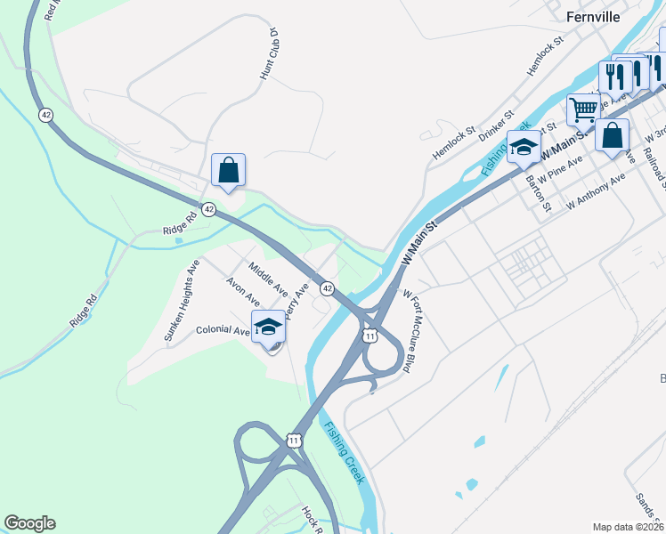 map of restaurants, bars, coffee shops, grocery stores, and more near 8 Perry Avenue in Bloomsburg