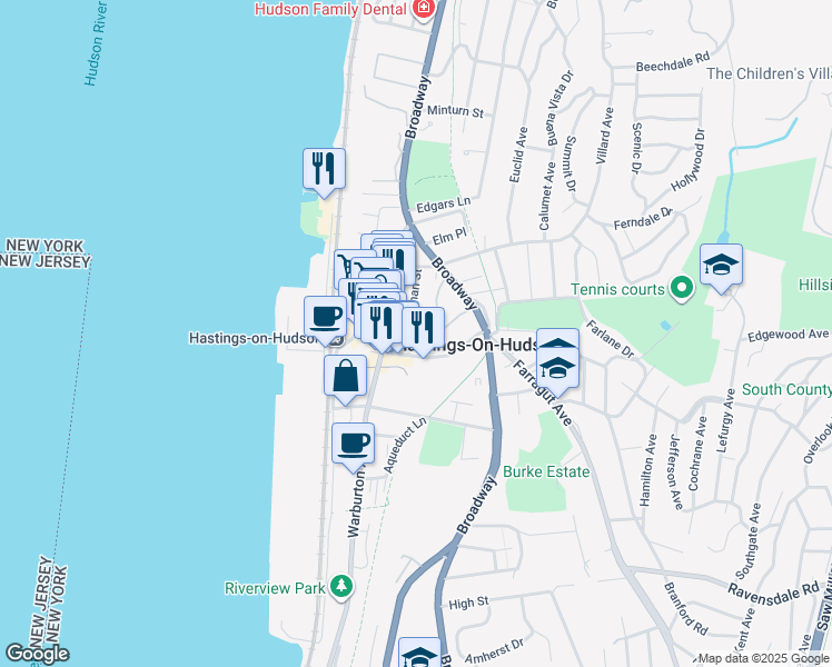 map of restaurants, bars, coffee shops, grocery stores, and more near 50 Whitman Street in Hastings-on-Hudson