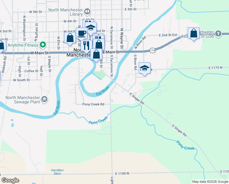 map of restaurants, bars, coffee shops, grocery stores, and more near River Road Exd in North Manchester