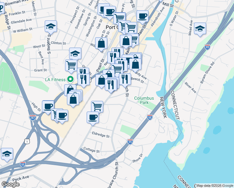 map of restaurants, bars, coffee shops, grocery stores, and more near 41 Midland Avenue in Port Chester