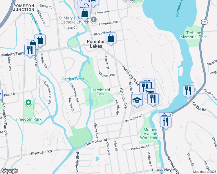 map of restaurants, bars, coffee shops, grocery stores, and more near 124 Center Street in Pompton Lakes