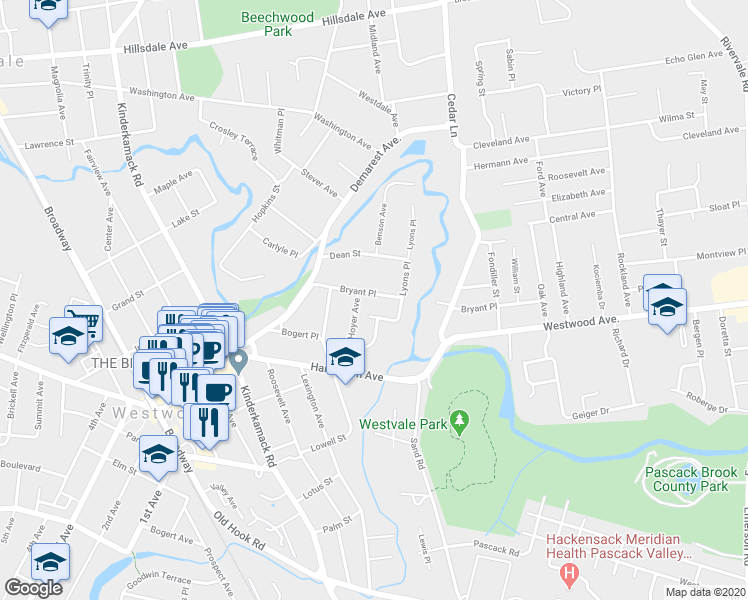 map of restaurants, bars, coffee shops, grocery stores, and more near 61 Bryant Place in Westwood