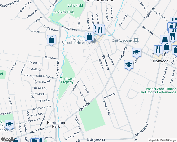 map of restaurants, bars, coffee shops, grocery stores, and more near 17 John Circle in Norwood