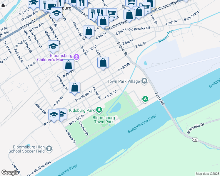 map of restaurants, bars, coffee shops, grocery stores, and more near 170 E 11th St in Bloomsburg
