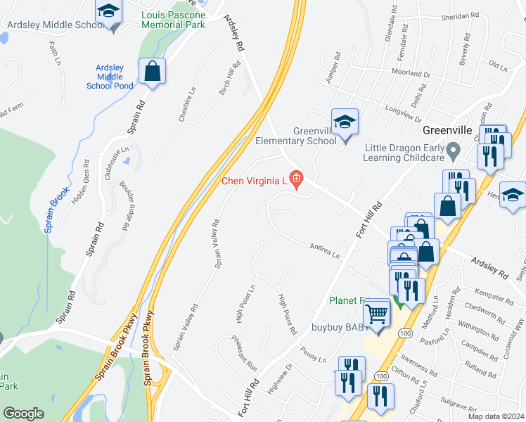 map of restaurants, bars, coffee shops, grocery stores, and more near 18 Andrea Lane in Scarsdale