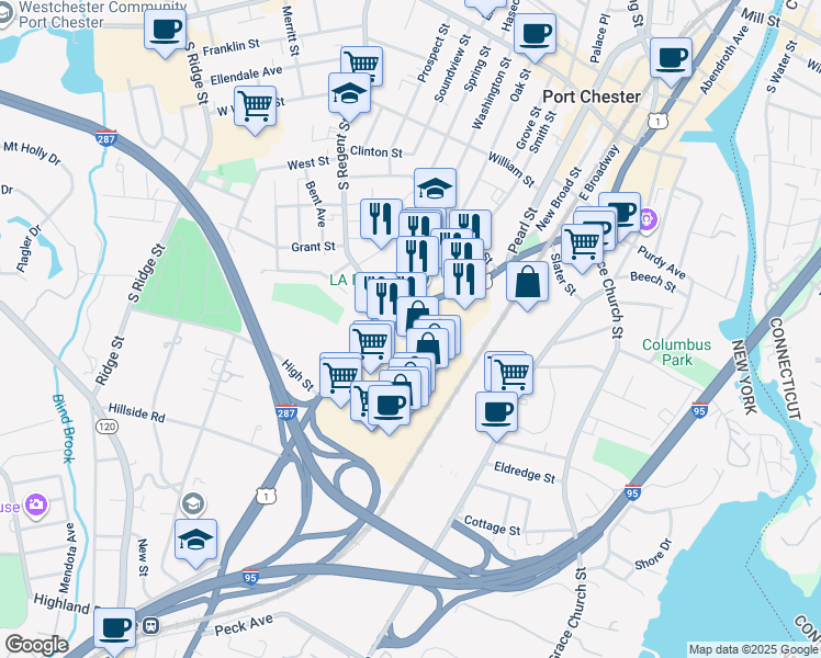 map of restaurants, bars, coffee shops, grocery stores, and more near 317 Boston Post Road in Port Chester
