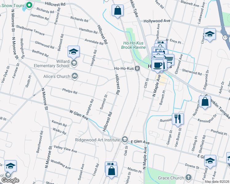 map of restaurants, bars, coffee shops, grocery stores, and more near 55 Barrington Road in Ridgewood