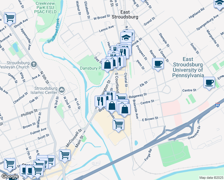 map of restaurants, bars, coffee shops, grocery stores, and more near 40 Hallet Street in East Stroudsburg