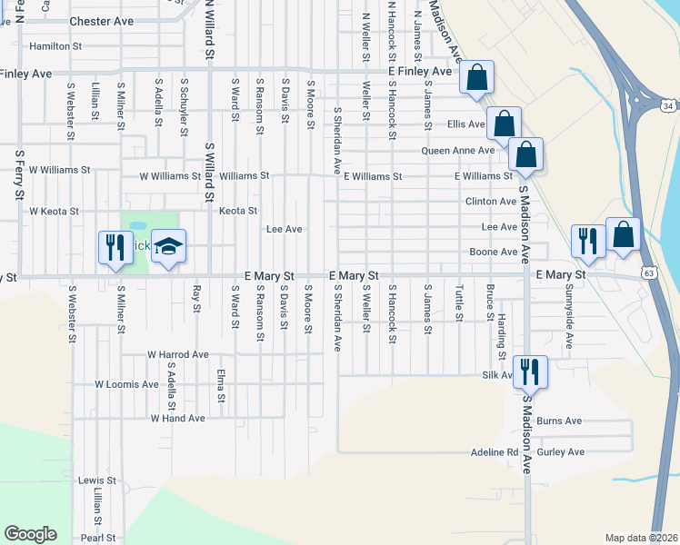 map of restaurants, bars, coffee shops, grocery stores, and more near 501 East Mary Street in Ottumwa