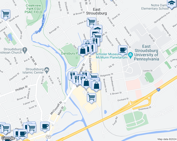 map of restaurants, bars, coffee shops, grocery stores, and more near 299 South Courtland Street in East Stroudsburg