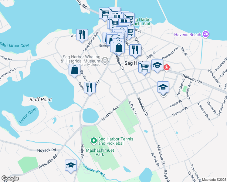 map of restaurants, bars, coffee shops, grocery stores, and more near 37 Palmer Terrace in Sag Harbor
