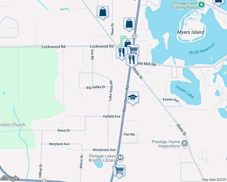 map of restaurants, bars, coffee shops, grocery stores, and more near 3977 Lake Vista Road in Akron