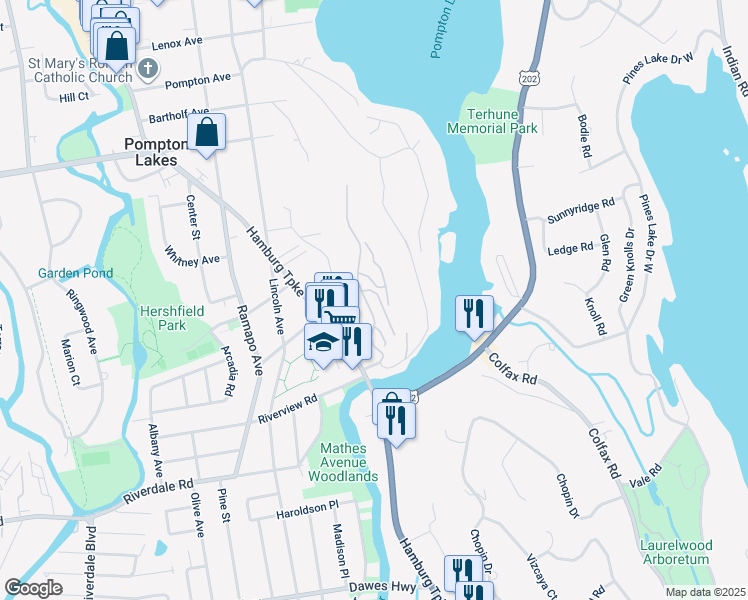 map of restaurants, bars, coffee shops, grocery stores, and more near 62 Lakeview Court in Pompton Lakes
