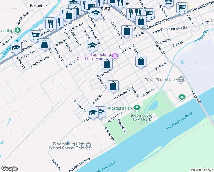 map of restaurants, bars, coffee shops, grocery stores, and more near 153 West 9th Street in Bloomsburg