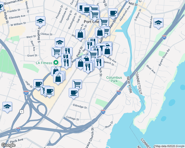 map of restaurants, bars, coffee shops, grocery stores, and more near 41 Midland Avenue in Port Chester