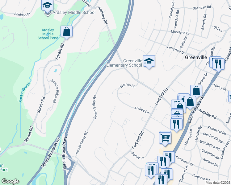 map of restaurants, bars, coffee shops, grocery stores, and more near 18 Andrea Lane in Scarsdale