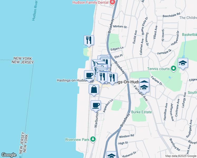 map of restaurants, bars, coffee shops, grocery stores, and more near in Hastings-on-Hudson