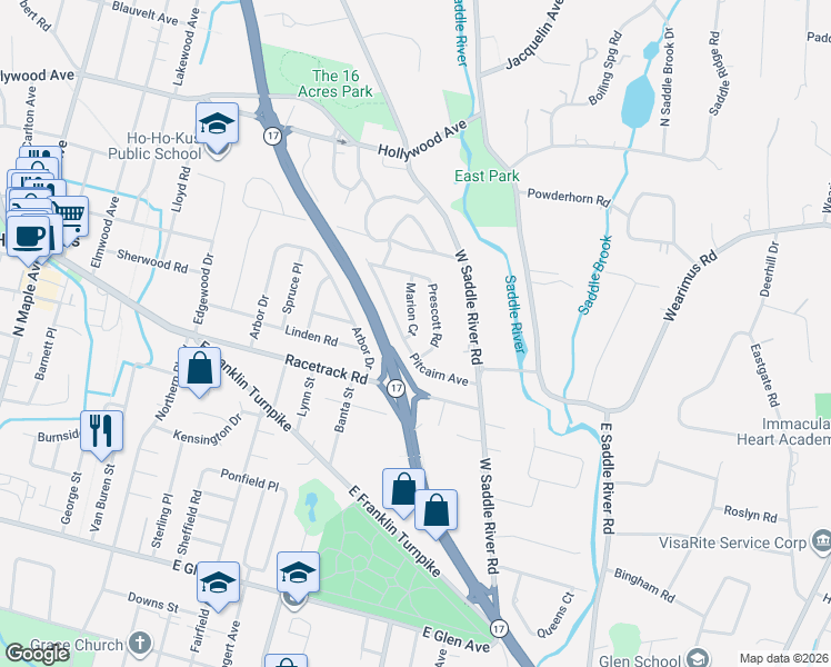 map of restaurants, bars, coffee shops, grocery stores, and more near 4 Marion Court in Ho-Ho-Kus