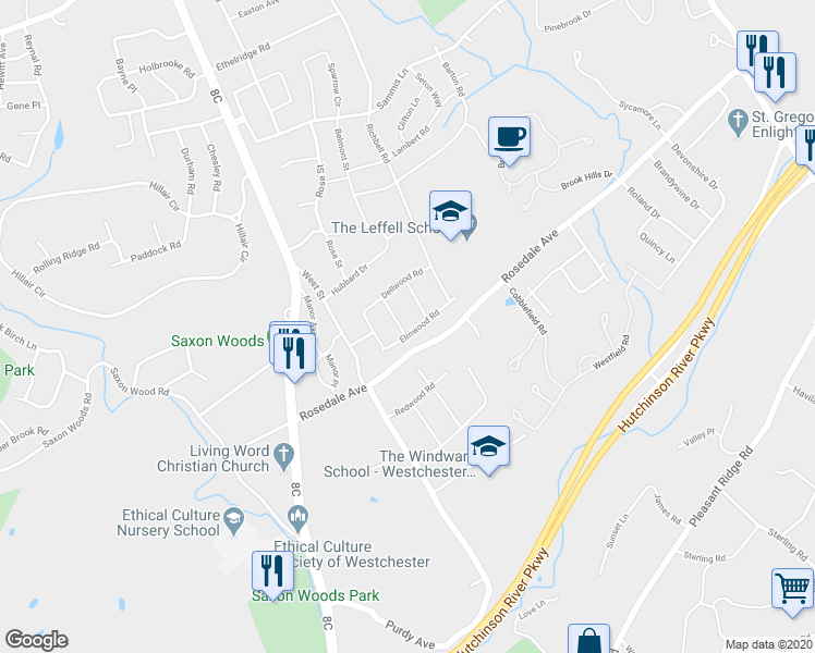 map of restaurants, bars, coffee shops, grocery stores, and more near 10 Cloverwood Road in White Plains